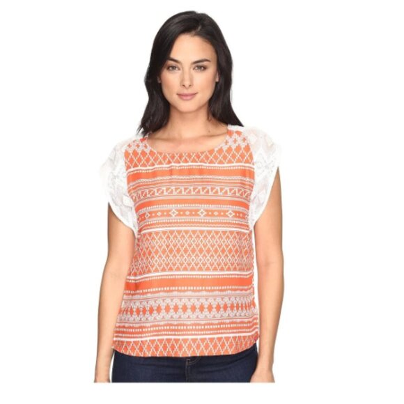 Prana Tops - Prana Aleen Top Sleeves Lightweight Hiking Boho Geometric SunlitOrange Size M